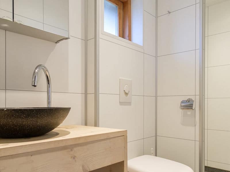 De badkamer met douche, wastafel en toilet