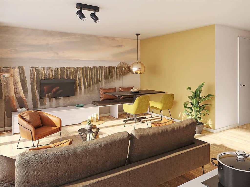 Impressie van de woonkamer in het 2-persoons Smokkelaarsappartement op Dormio Resort Nieuwvliet-Bad