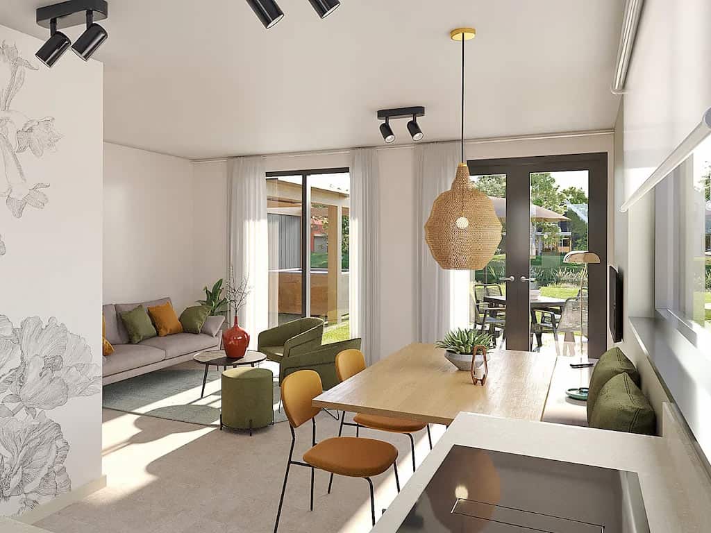 Impressie van de woonkamer in de 4-persoons vakantiewoning Oase Terra Wellness op Dormio Resort Nieuwvliet-Bad